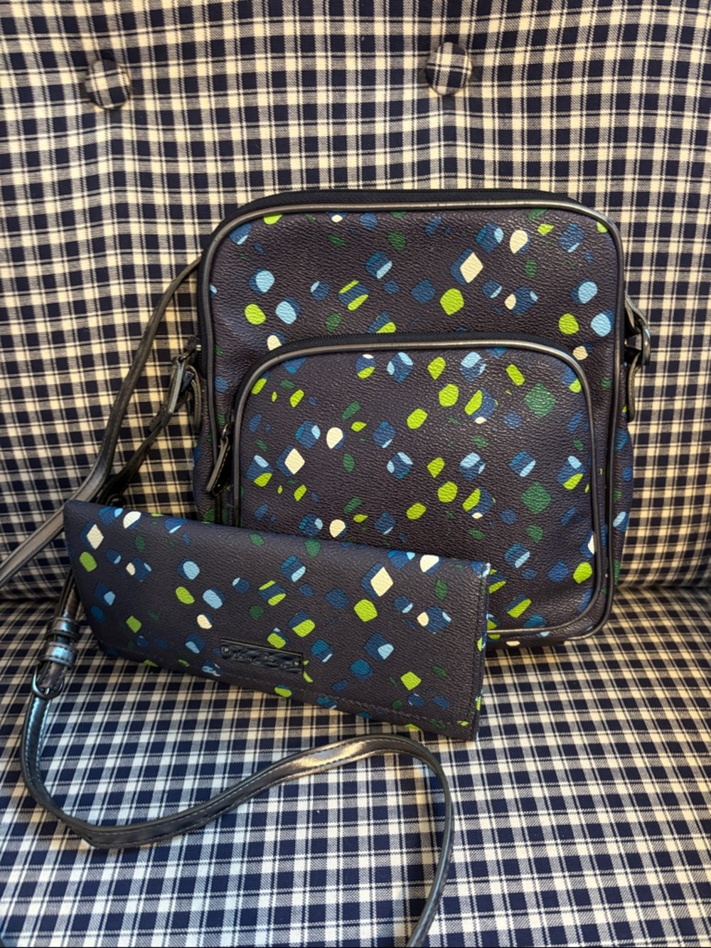 Vera Bradley Navy Crossbody and Wallet with Green, Blue & White Dot Print